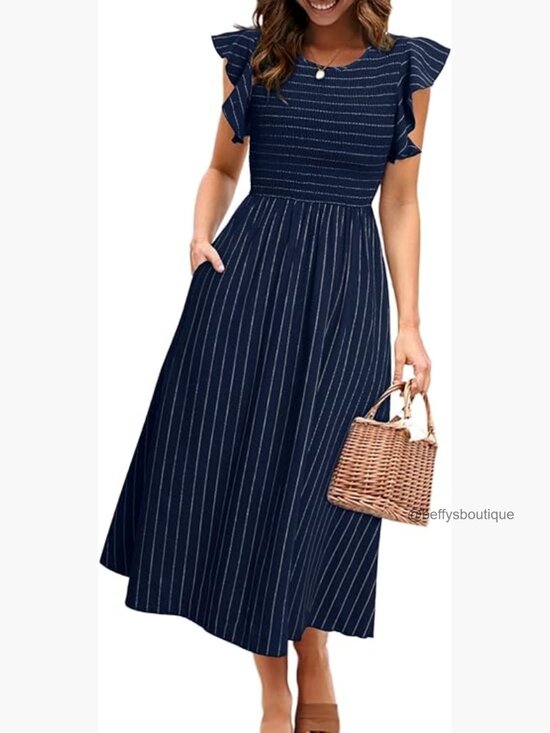Dresses & Skirts - Linen Smocked Midi Dress with Pockets Flutter Sleeve Flowy Casual